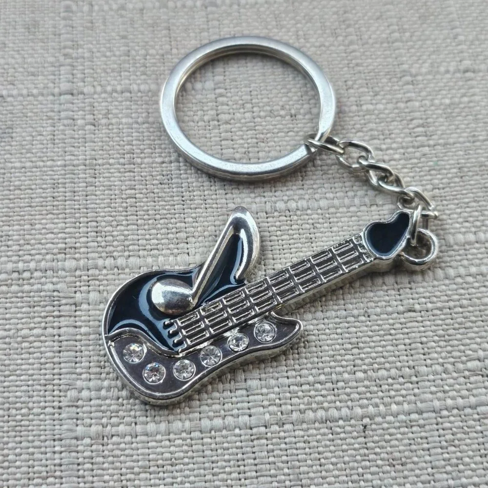 Guitar Keychain Silver/Black Tone Metal Keys Holder Crystal Accent Key Chain